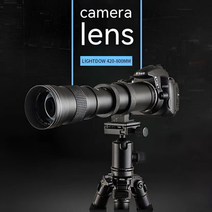 420-800mm manual telephoto zoom camera lens with silver barrel and T-mount adapter ring.