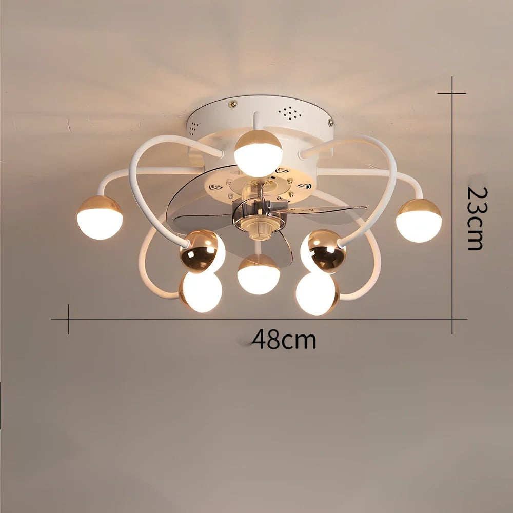 Ceiling fan light with metal blades and iron-plastic lampshade in coffee gold finish