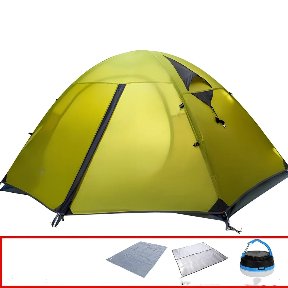 Pasture Gaodi Cold Mountain double-layer tent with aluminium poles in camping setting showing 210x140x110cm dimensions