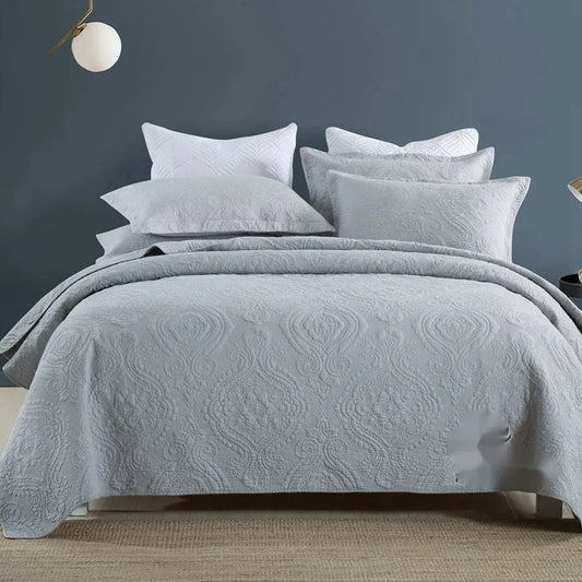 Double-sided pure cotton bed cover three-piece set with Damascus pattern in beige and yellow colour scheme