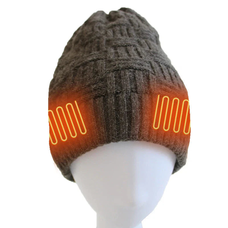 USB rechargeable heated fleece hat with adjustable temperature settings for outdoor activities like hiking, climbing, and fishing