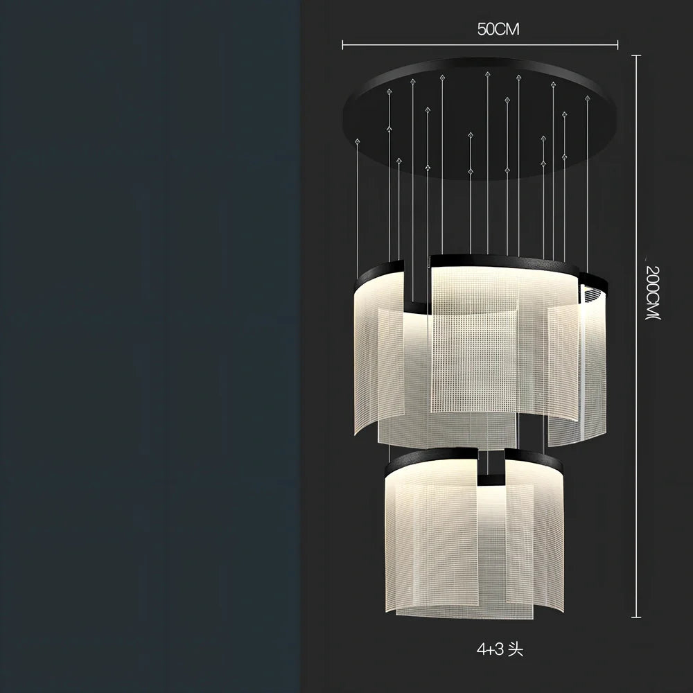 Villa Duplex large chandelier with multiple LED heads and gold mesh grid on stainless steel pendant