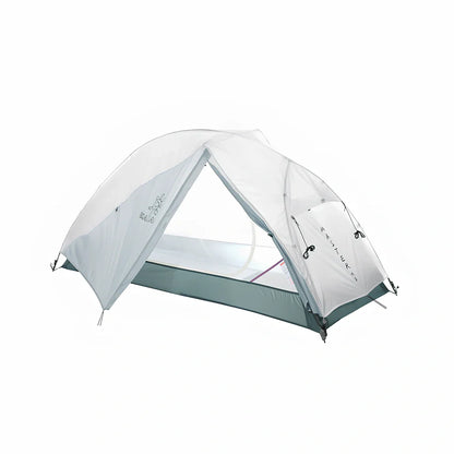 White double-layer camping tent with aluminium frame, side ventilation windows, and waterproof bottom