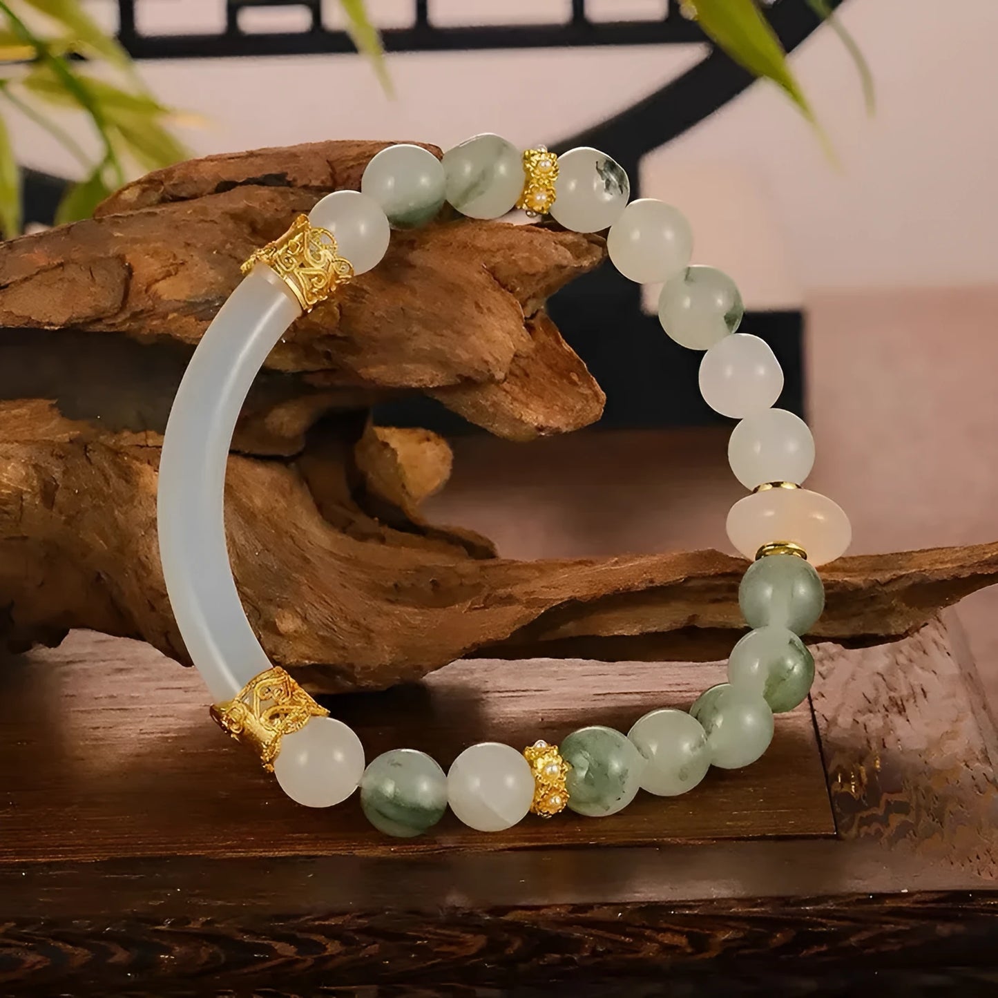 Emerald green Tian Shan Cui stone half bracelet with round beads in national style design for women
