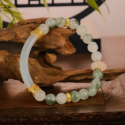 Emerald green Tian Shan Cui stone half bracelet with round beads in national style design for women