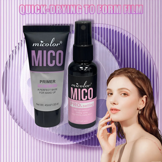 Two bottles of makeup primer and setting spray set, 45ml and 40ml, in monochrome packaging.