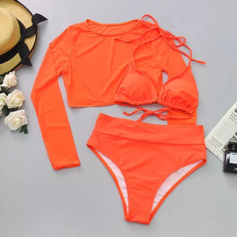 Mesh three-piece bikini split swimsuit in green, orange, pink with high-waist design