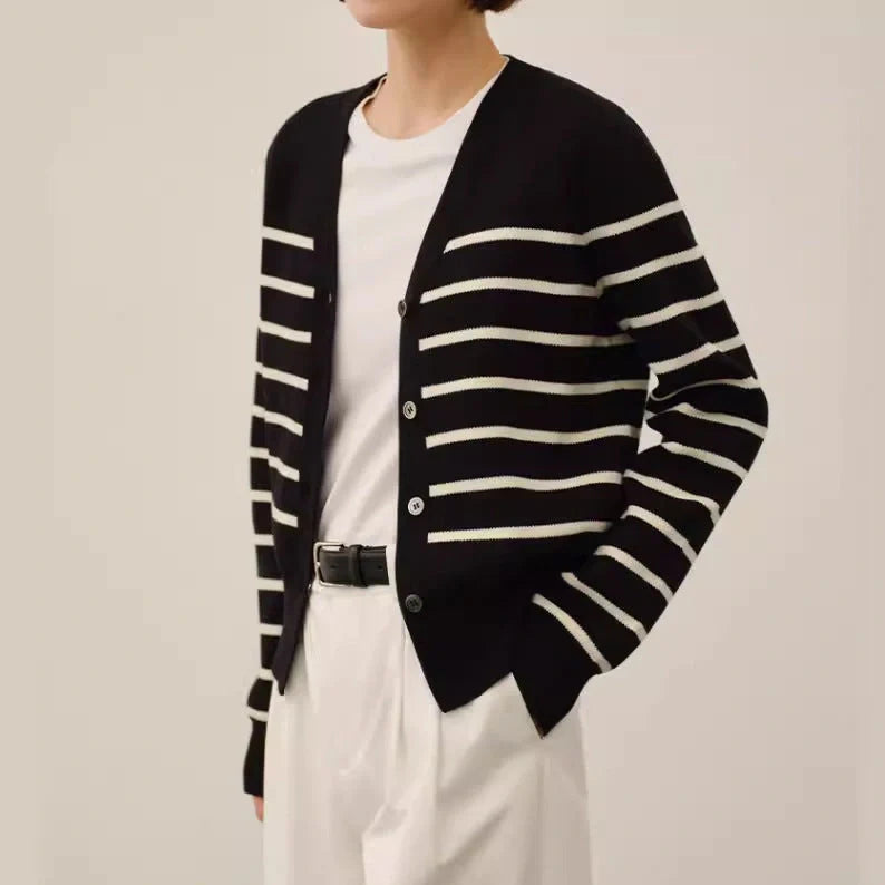 Women's striped knitted sweater jacket with button front in grey, showing regular sleeves and 40cm length