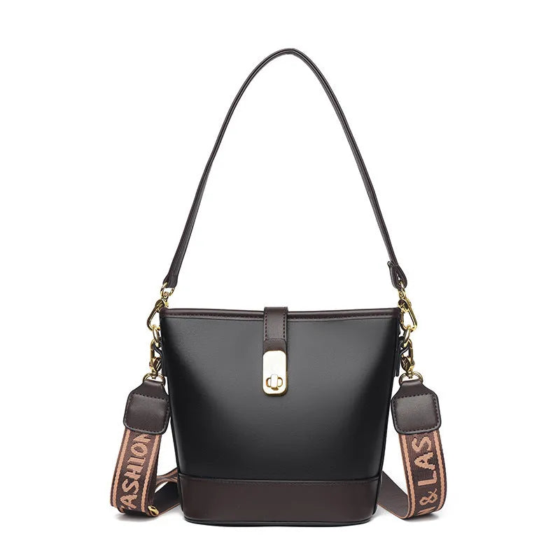 Korean-style soft PU bucket bag in black with double shoulder straps and organisational compartments