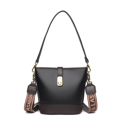 Korean-style soft PU bucket bag in black with double shoulder straps and organisational compartments
