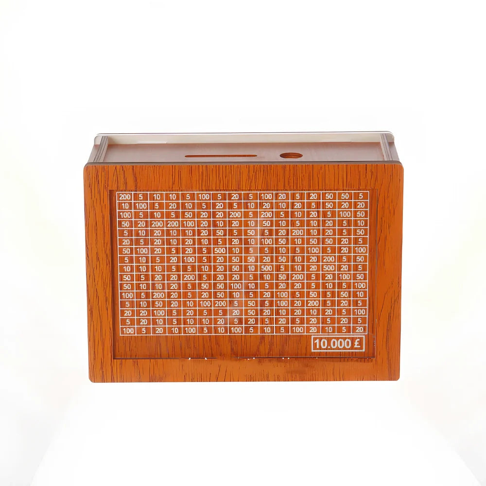 Wooden piggy bank with coin counter and side opening mechanism measuring 20cm