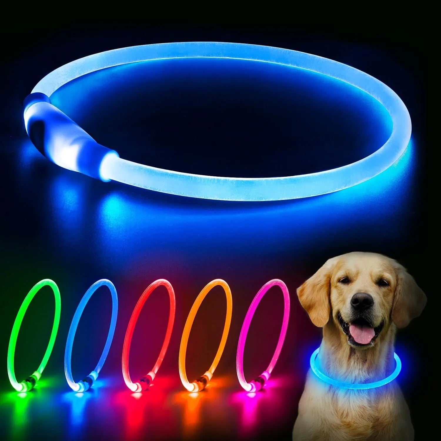 USB-rechargeable LED dog collar with blue glow, adjustable 70cm length, and three flash modes for pet safety.