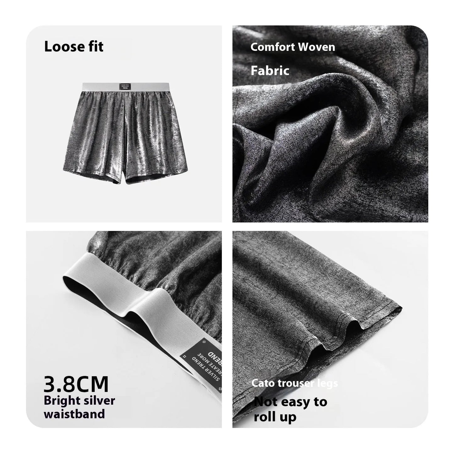 Men's reflective bright silver casual woven underwear with a loose fit and mid-waist.