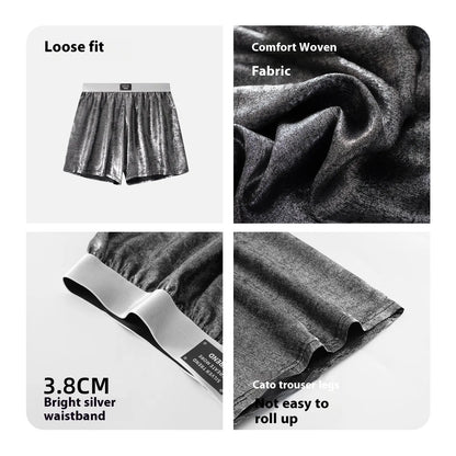 Men's reflective bright silver casual woven underwear with a loose fit and mid-waist.