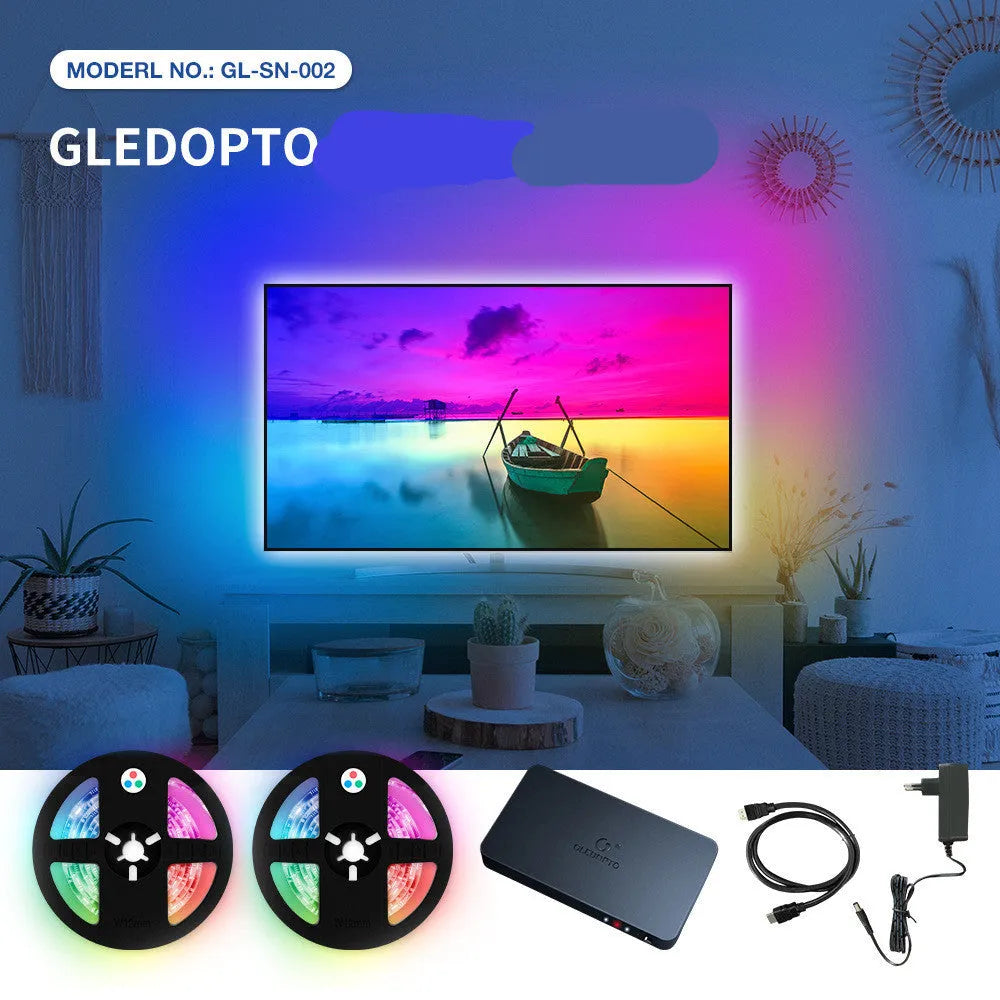 HDMI SYNC computer TV ambience lighting kit with junction box, 2m RGB LED strip, and cables.
