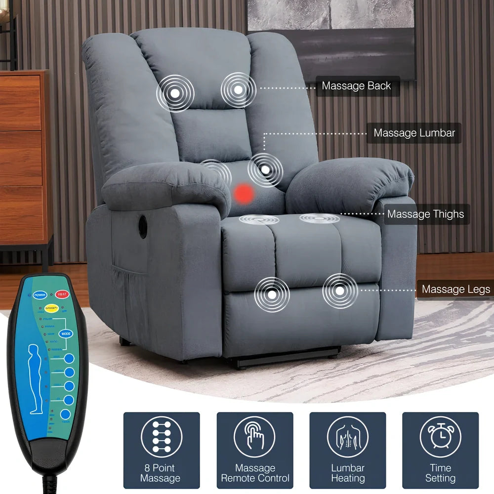 Blue single electric massage recliner with wooden frame, USB port, and 8-point vibration in reclined position