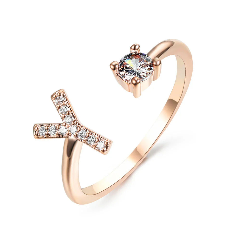 Personalized Initial Letter Adjustable Ring made of copper alloy and zircon, showcasing a vintage-inspired design