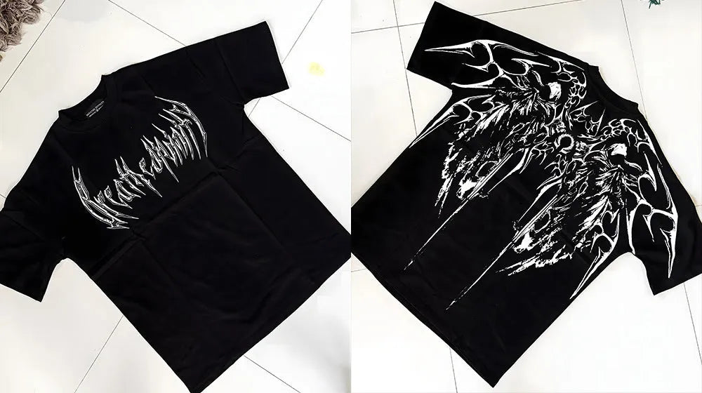 Dark coloured loose fit plus size cotton t-shirt with short sleeves and gilding detail.