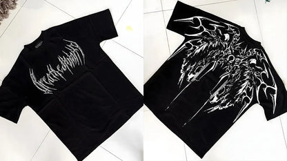 Dark coloured loose fit plus size cotton t-shirt with short sleeves and gilding detail.