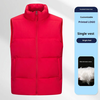 Men's soft shell down cotton work vest in black, red, or deep purple blue, sizes L to 5XL.