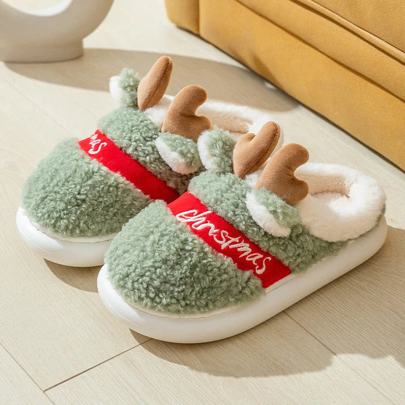 Cozy elk-themed slippers with plush suede uppers and supportive EVA soles in a variety of dreamy colors