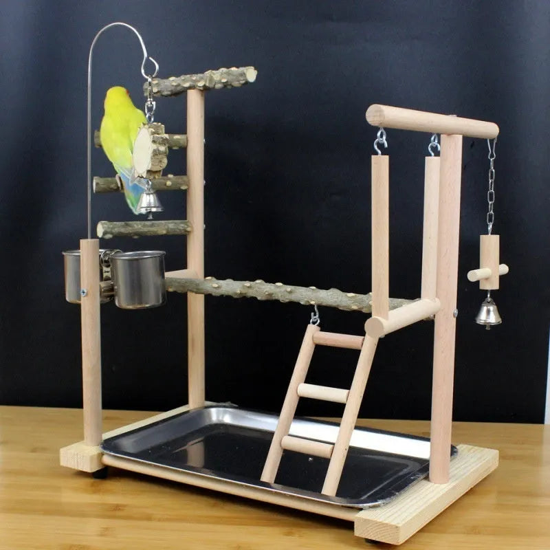 Tiger skin peony coloured parrot play stand made from pepper wood, featuring a xuanfeng design with a sub-stand pole and hanging toys.