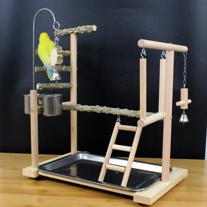 Tiger skin peony coloured parrot play stand made from pepper wood, featuring a xuanfeng design with a sub-stand pole and hanging toys.