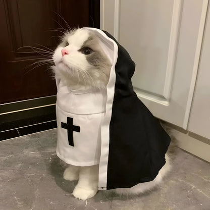 Black and white nun costume for small to medium dogs with pullover cloak design