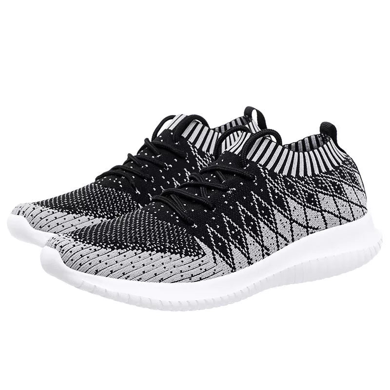 Men's Flying Woven Sneakers with breathable Flyknit upper in dark gray, red, and light gray