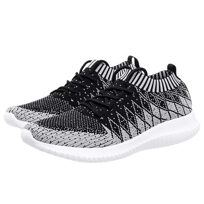 Men's Flying Woven Sneakers with breathable Flyknit upper in dark gray, red, and light gray