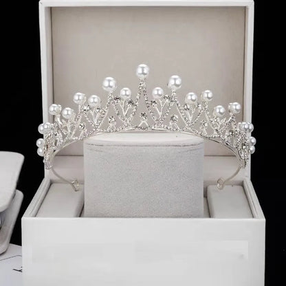 Silver pearl bridal tiara crown with white crystal, adult and children sizes, alloy electroplated