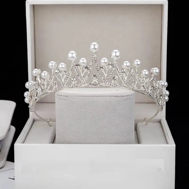 Pearl Bridal Tiara Crown Wedding Hair Accessory in Silver Alloy with White Crystal, Electroplated Finish, Adult and Children Sizes, 12cm to 15cm Diameter