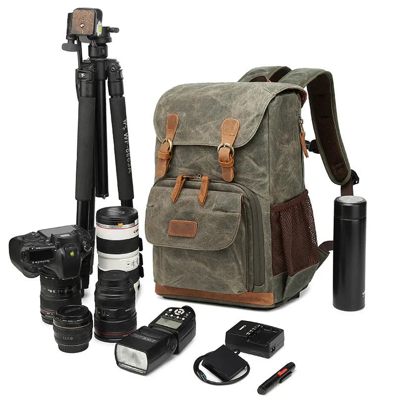 Canvas DSLR camera backpack in khaki colour with anti-theft anti-seismic features