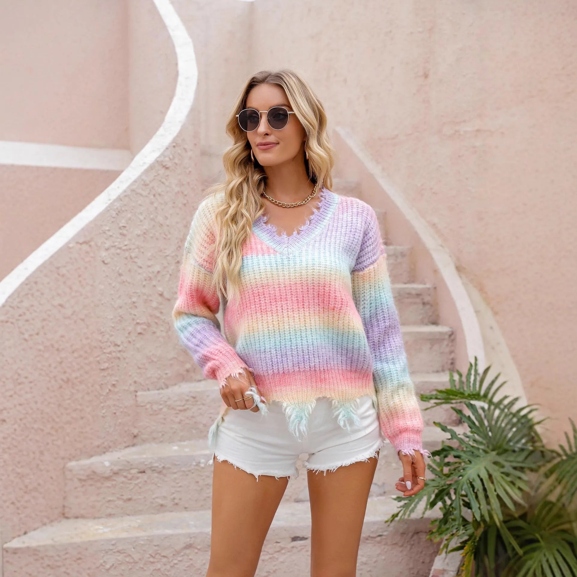 Pink rainbow gradient acrylic knit loose cut pullover sweater with regular sleeves