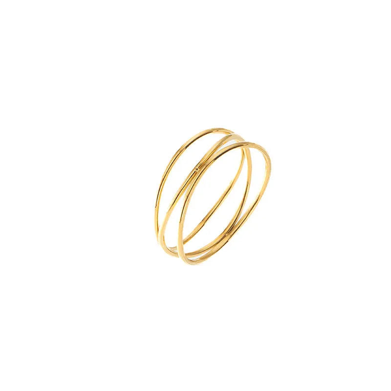 Geometric line ring with three-layer gold coil design on titanium steel band