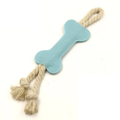 Durable felt bone shaped dog toy with rope knots, in blue colour, for chewing and puzzle play.