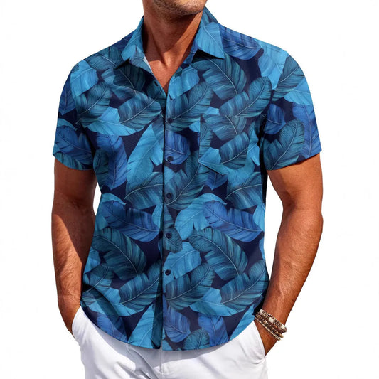 Men's short sleeve Hawaiian shirt in slim fit with elastic polyester fabric, shown in one of six colour options for summer daily wear