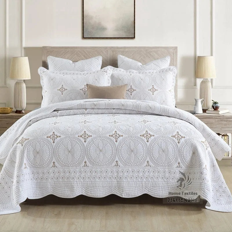 European-style cotton embroidery bed cover with double-thick construction and decorative detailing