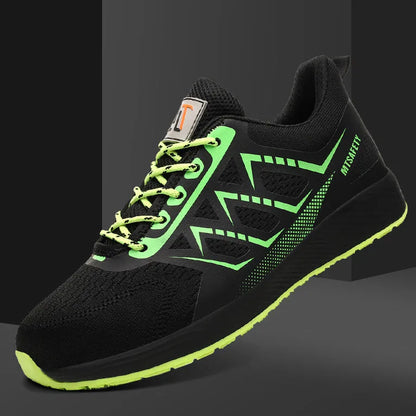 Black ultra-light labour protection safety shoes with steel toe cap and lace-up front.