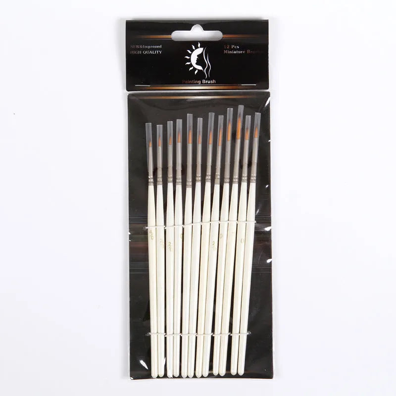 Set of 12 Pearl White nylon wool artist brushes in a solid wood pen holder, for watercolour and acrylic painting.