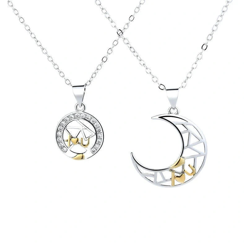 Sun Moon Tooth Couple Necklace showing electroplated copper pendants on 45cm cross chain