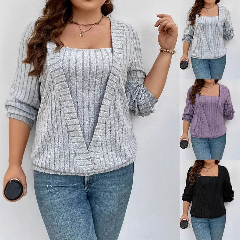 Solid colour rib fabric V-neck long sleeve false two-piece suit in loose fit with regular sleeves
