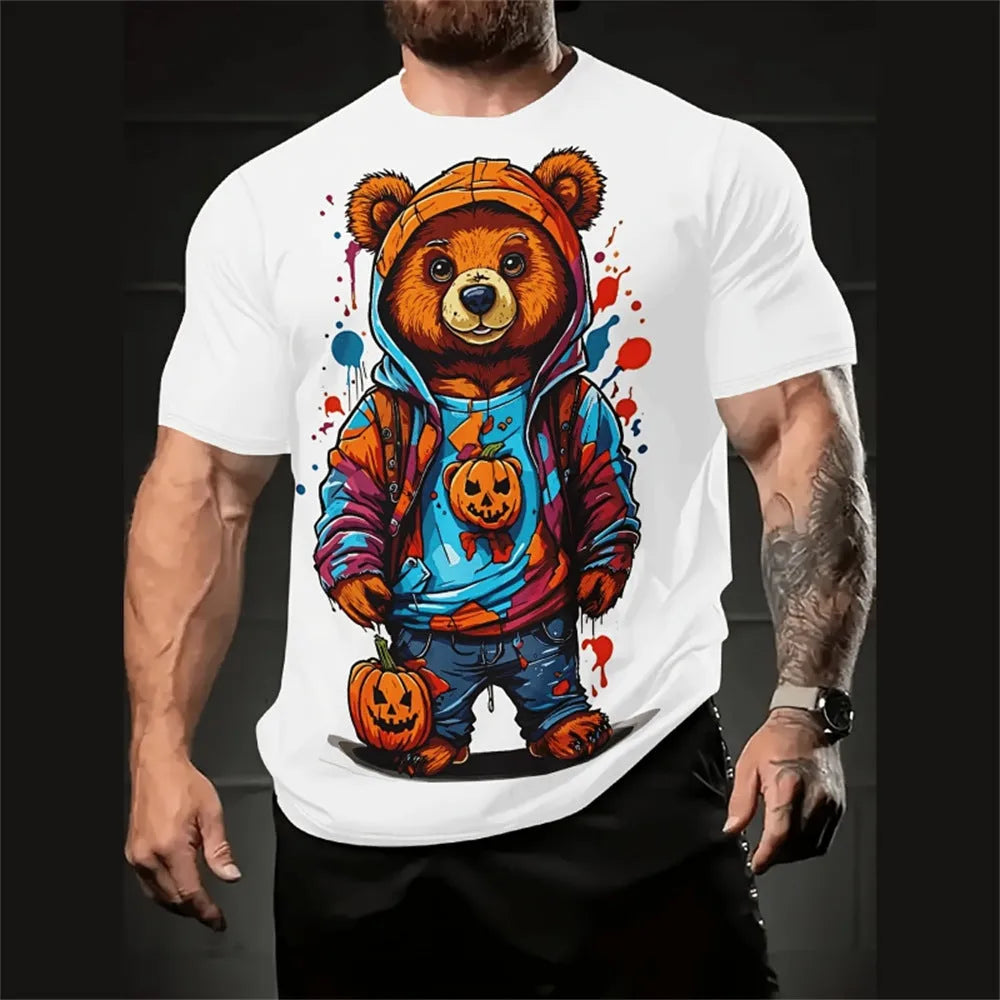 Men's loose fit casual shirt with cartoon 3D print design in thin linen blend fabric
