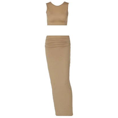 Stylish two-piece matching set with a chic tank top and flowing long skirt in a solid khaki color
