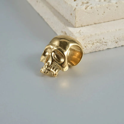 Personalised stainless steel hollow skull Buddha earrings showing 1.5 cm diameter and electroplated colour options