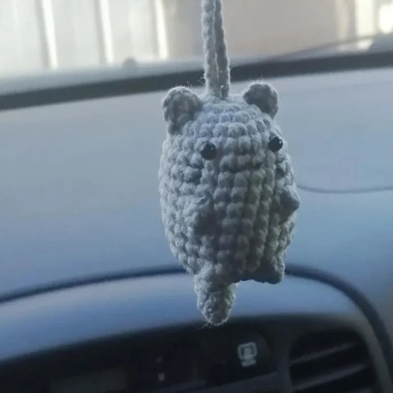 Soft, hand-woven plush car hanging ornament in a cartoon character design.