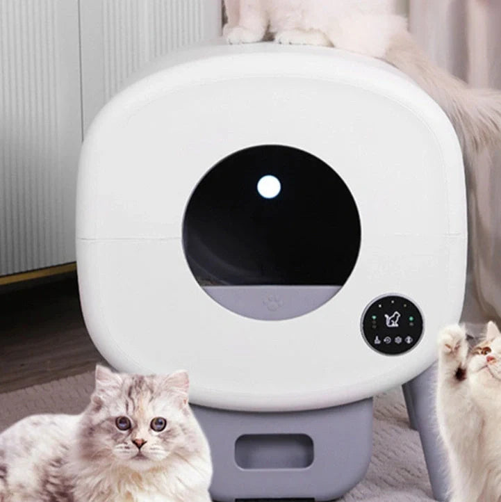 White automatic cat litter box with 550mm width, 13L waste compartment, and cleaning brush