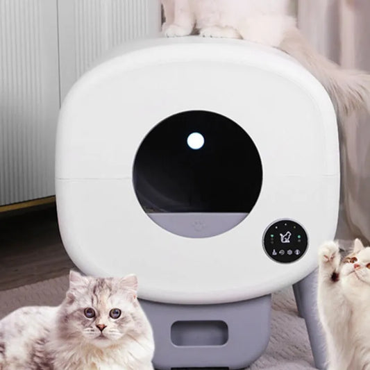 Automatic cat litter box with 76L capacity and 13L waste storage compartment, ABS plastic construction measuring 550x500x645mm