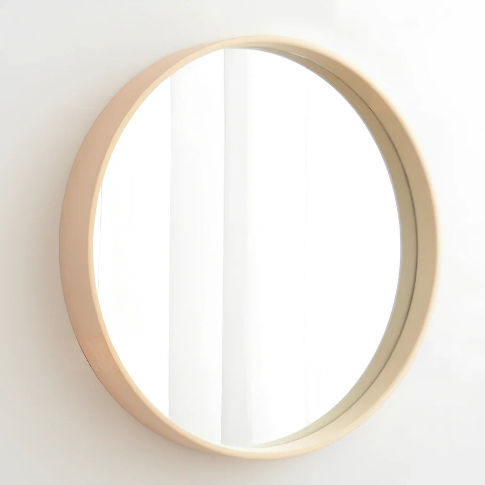 Solid wood circular bathroom mirror with float silver glass in natural wood colour frame