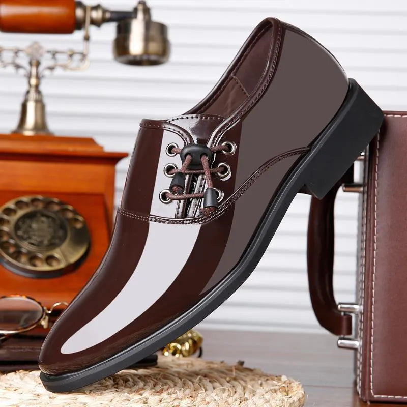 Men's black and brown formal business shoes with round toe, square heel and rubber sole